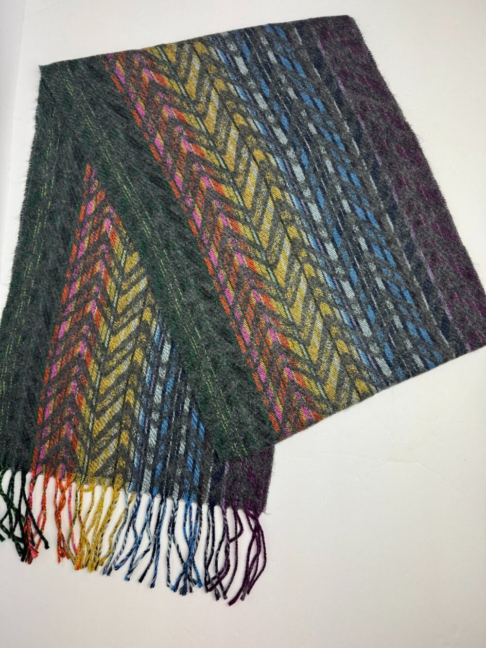 NWOT Made in Italy Soft Multicolor Geometric Chevron Fringe Scarf